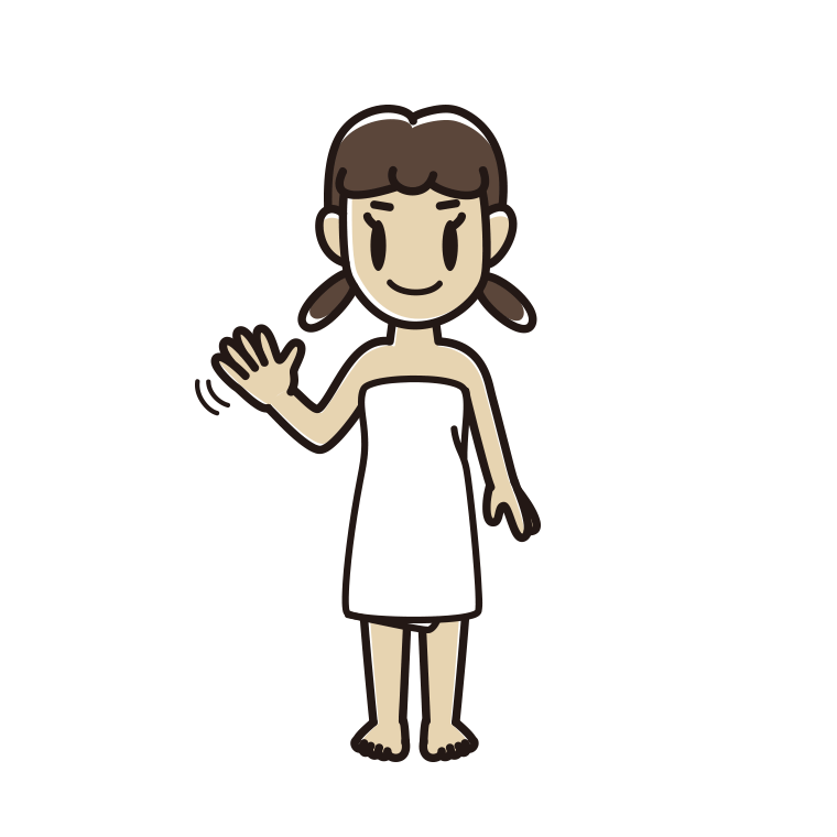 手を振るバスタオル姿の女子中学生のイラスト【色あり、背景なし】透過PNG