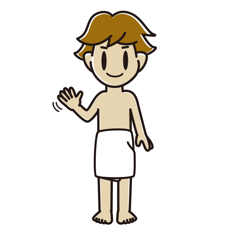 手を振るバスタオル姿の男子高校生のイラスト【色あり、背景なし】透過PNG