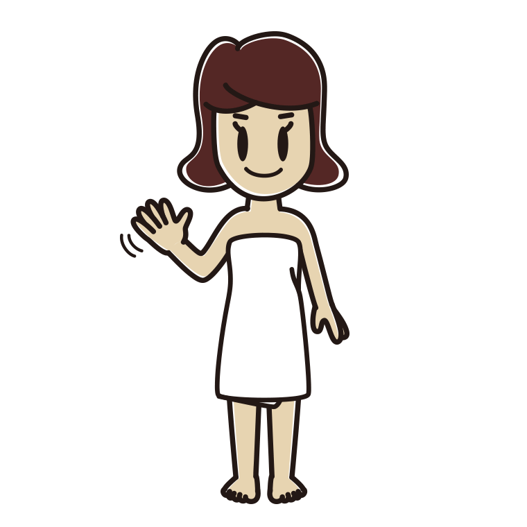 手を振るバスタオル姿の女子高校生のイラスト【色あり、背景なし】透過PNG