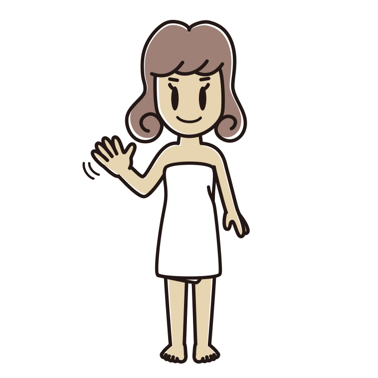 手を振るバスタオル姿の女子大学生のイラスト【色あり、背景なし】透過PNG
