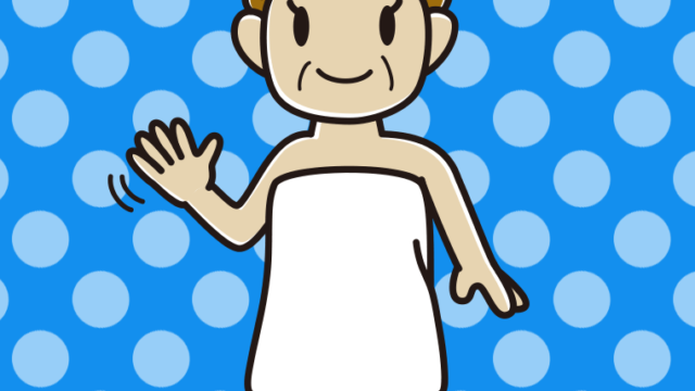 手を振るバスタオル姿のおばさんのイラスト【色、背景あり】PNG