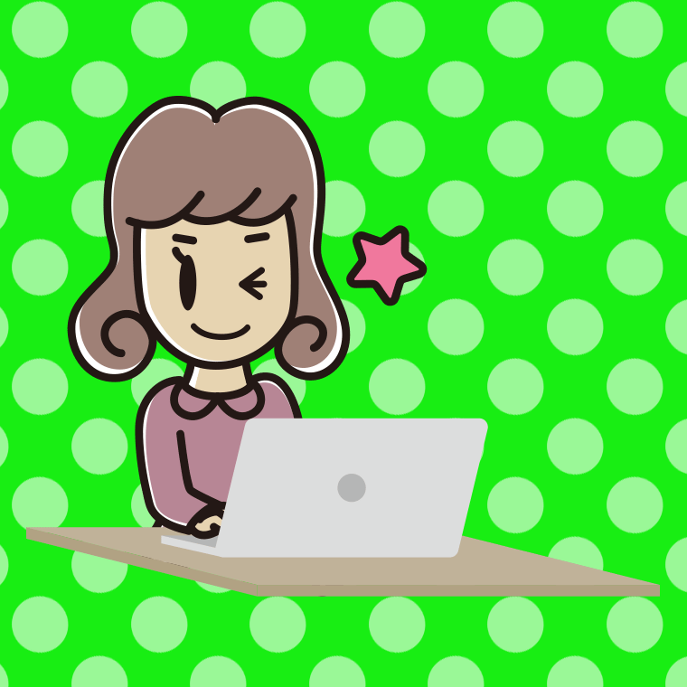 パソコンにウインクする女子大学生のイラスト【色、背景あり】PNG