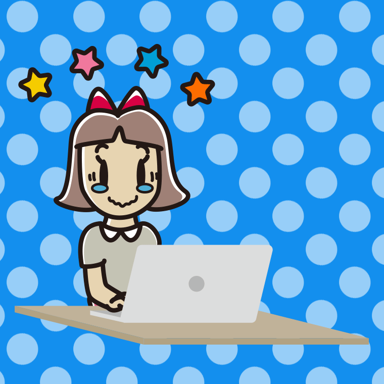 パソコン使用中にジーンとする小学生女子のイラスト【色、背景あり】PNG