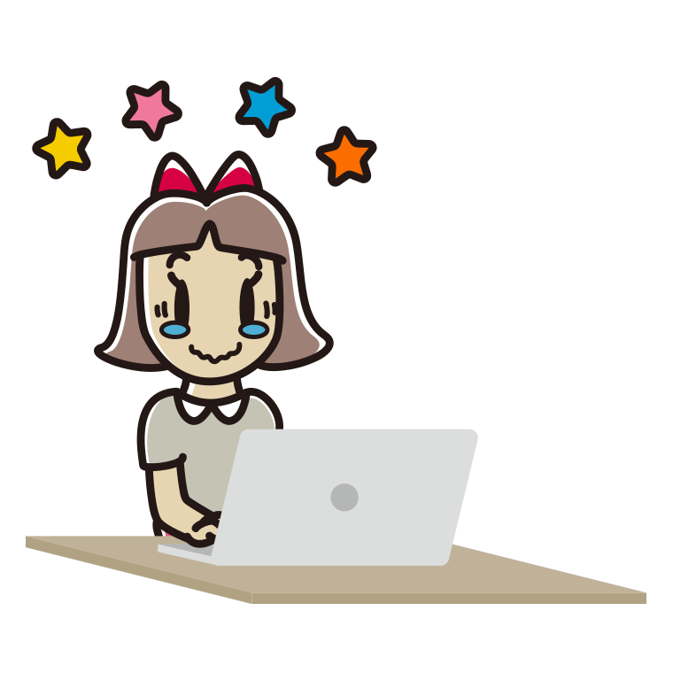 パソコン使用中にジーンとする小学生女子のイラスト【色あり、背景なし】透過PNG