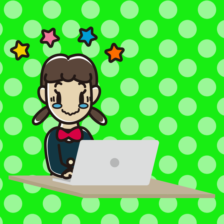 パソコン使用中にジーンとする女子中学生のイラスト【色、背景あり】PNG