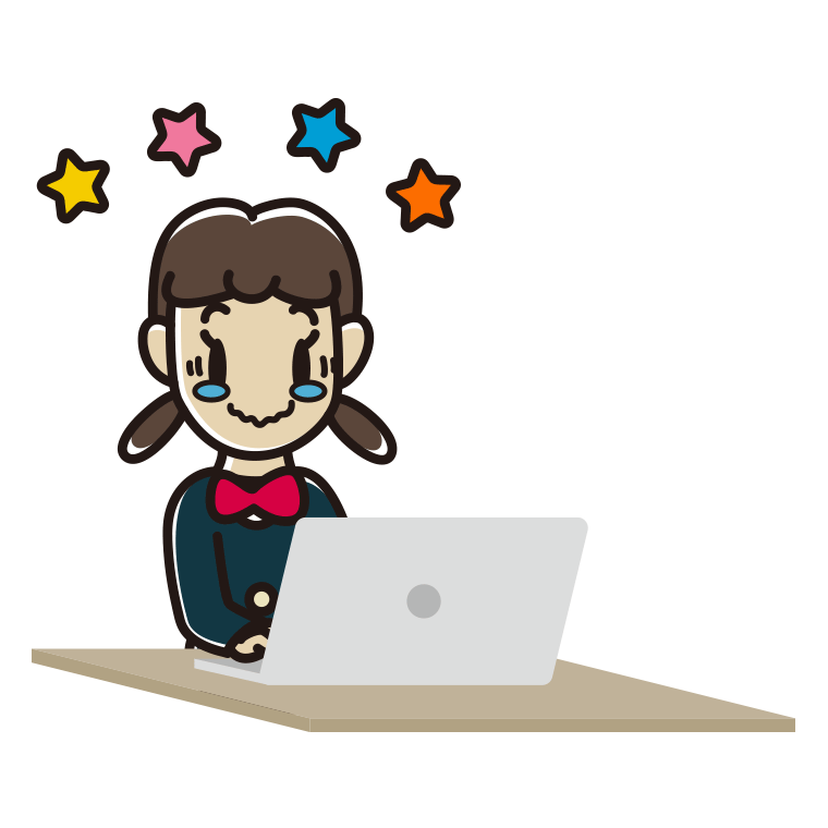パソコン使用中にジーンとする女子中学生のイラスト【色あり、背景なし】透過PNG