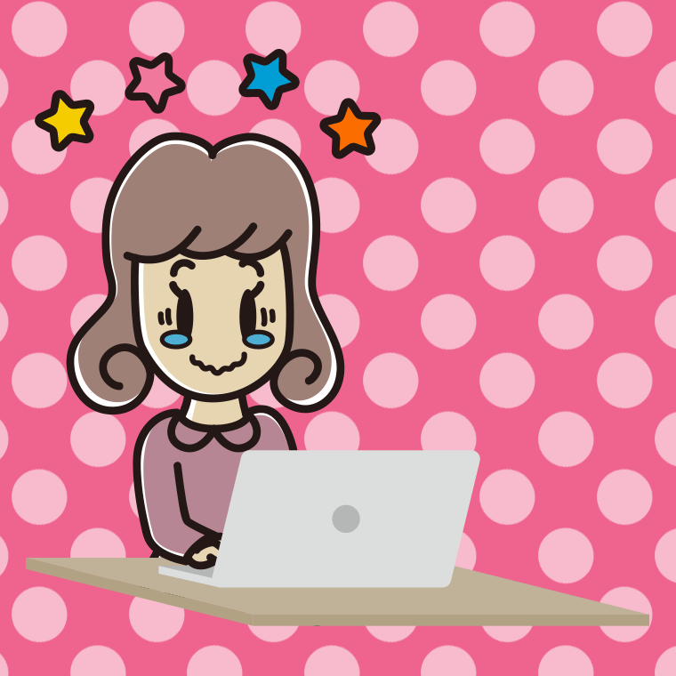 パソコン使用中にジーンとする女子大学生のイラスト【色、背景あり】PNG