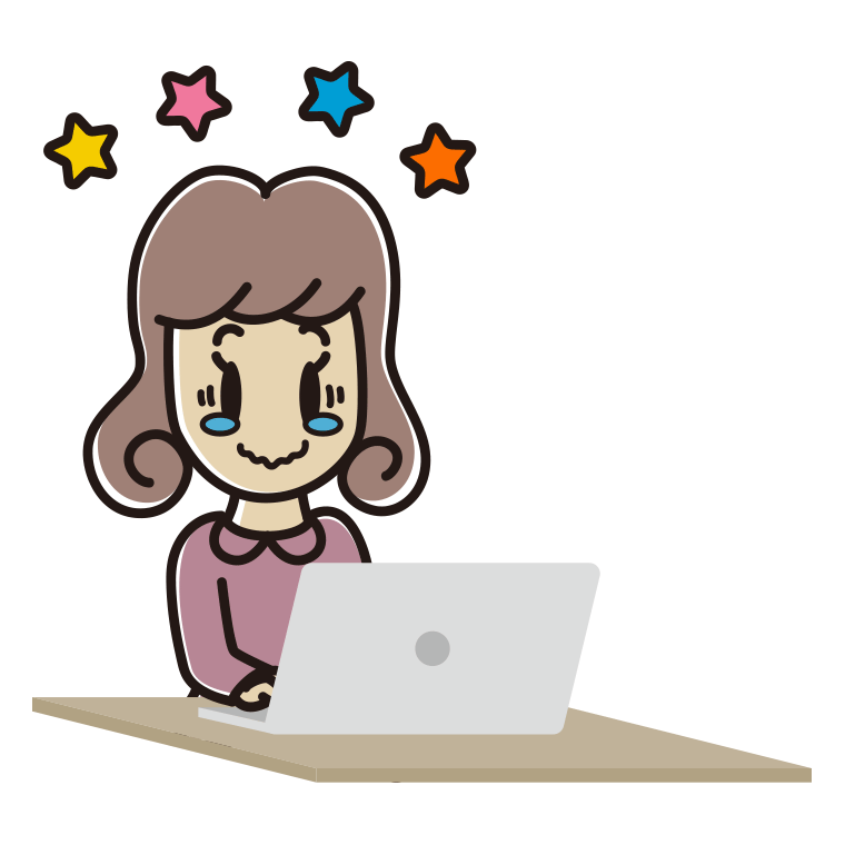 パソコン使用中にジーンとする女子大学生のイラスト【色あり、背景なし】透過PNG