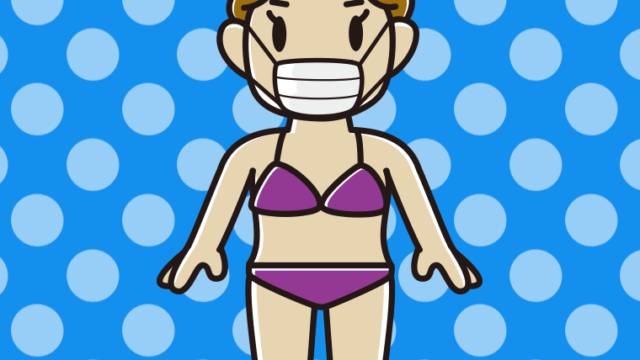 マスクをする水着のおばさんのイラスト【色、背景あり】PNG