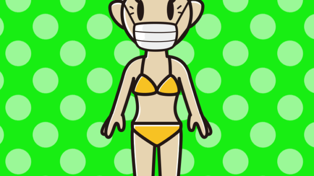 マスクをする水着のおばあさんのイラスト【色、背景あり】PNG