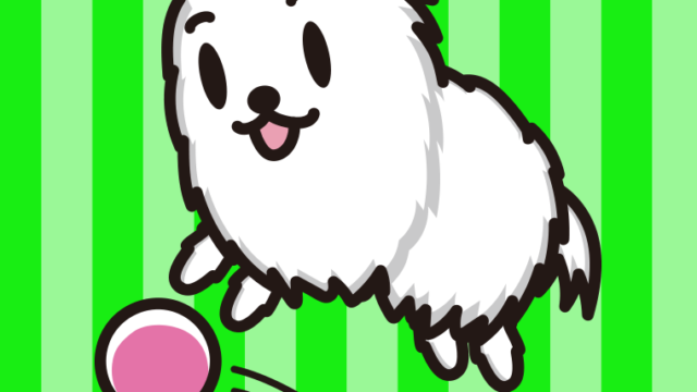 ボールを追うポメラニアンちゃん（犬）のイラスト【色、背景あり】PNG