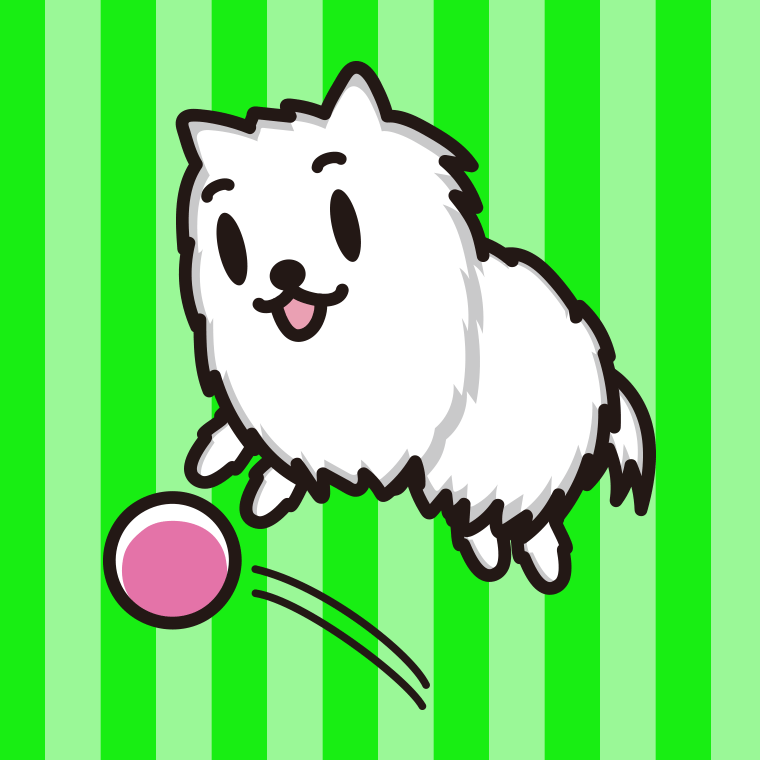 ボールを追うポメラニアンちゃん（犬）のイラスト【色、背景あり】PNG