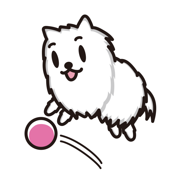 ボールを追うポメラニアンちゃん（犬）のイラスト【色あり、背景なし】透過PNG