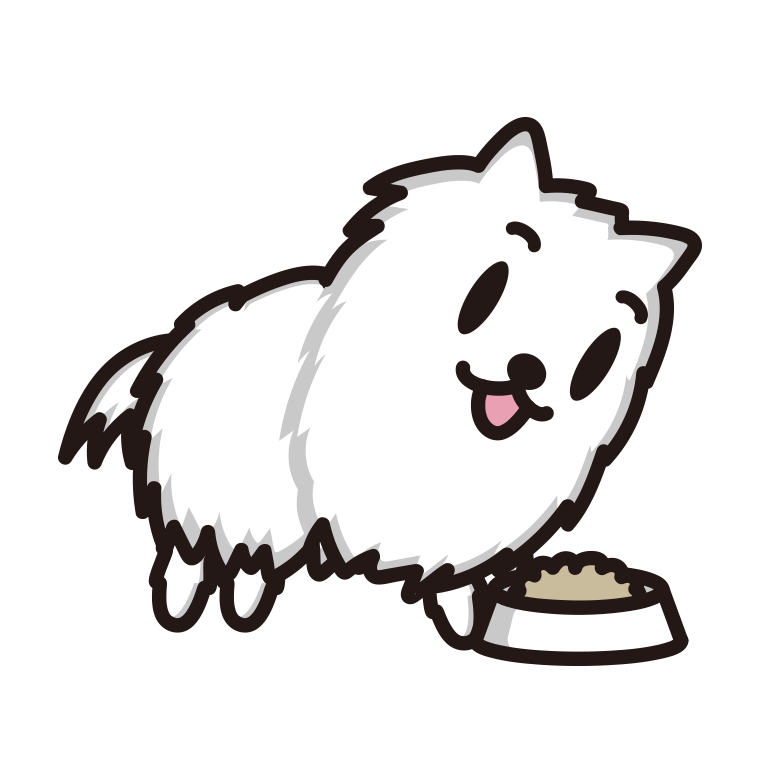 ごはんを食べるポメラニアンちゃん（犬）のイラスト【色あり、背景なし】透過PNG