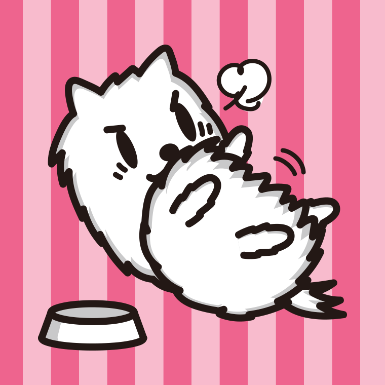ごはんを食べて満腹なポメラニアンちゃん（犬）のイラスト【色、背景あり】PNG