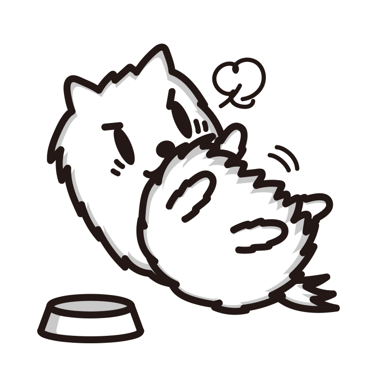 ごはんを食べて満腹なポメラニアンちゃん（犬）のイラスト【色あり、背景なし】透過PNG