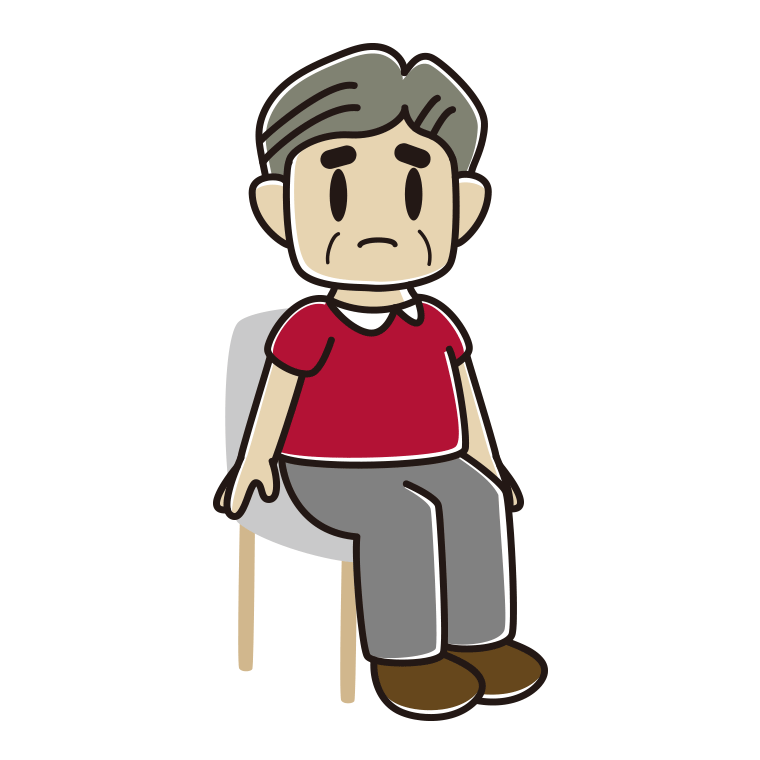 椅子で困るおじさんのイラスト【色あり、背景なし】透過PNG