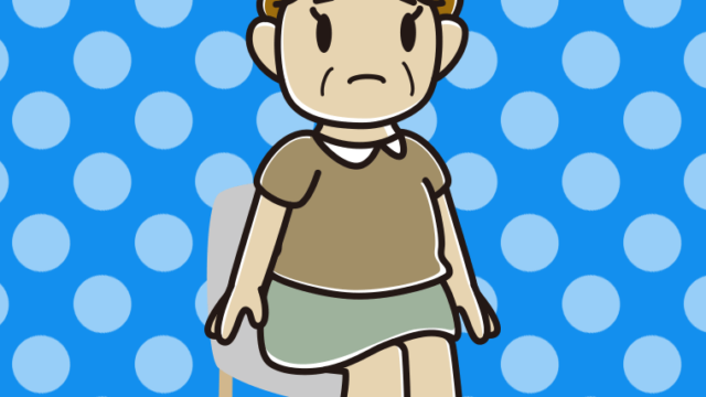 椅子で困るおばさんのイラスト【色、背景あり】PNG