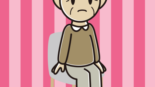 椅子で困るおじいさんのイラスト【色、背景あり】PNG