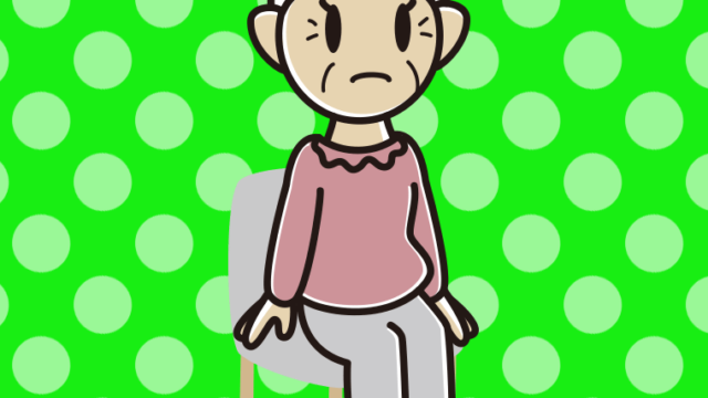 椅子で困るおばあさんのイラスト【色、背景あり】PNG