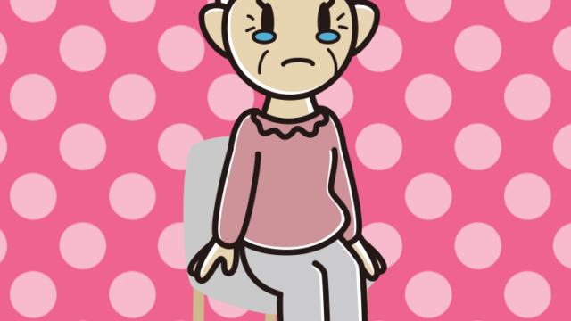 椅子で泣くおばあさんのイラスト【色、背景あり】PNG