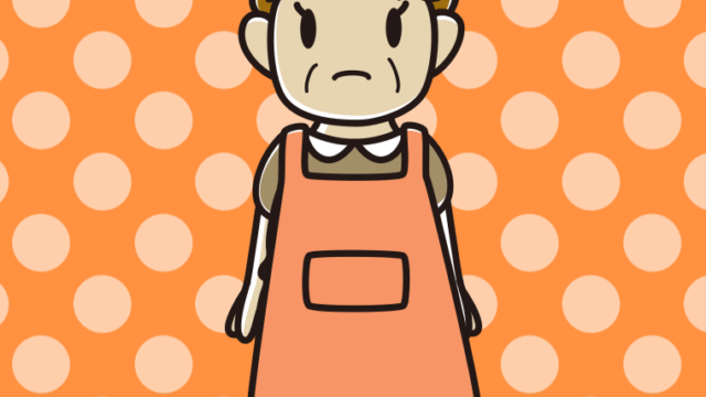 困るエプロン姿のおばさんのイラスト【色、背景あり】PNG