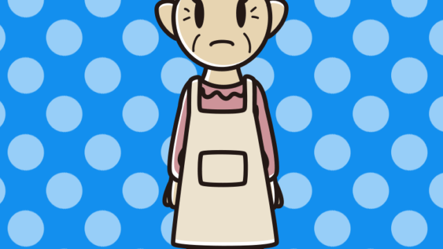 困るエプロン姿のおばあさんのイラスト【色、背景あり】PNG