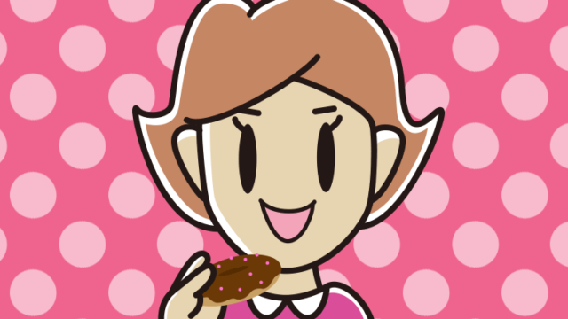 ドーナツを食べる女性のイラスト【色、背景あり】PNG