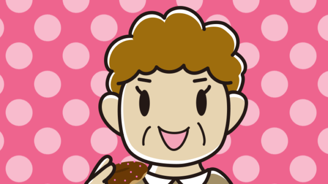 ドーナツを食べるおばさんのイラスト【色、背景あり】PNG