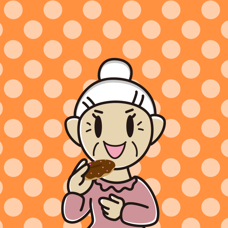 ドーナツを食べるおばあさんのイラスト【色、背景あり】PNG