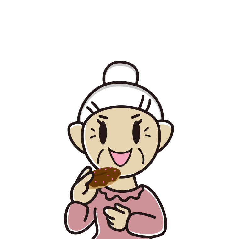 ドーナツを食べるおばあさんのイラスト【色あり、背景なし】透過PNG