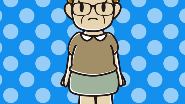 困る眼鏡のおばさんのイラスト【色、背景あり】PNG