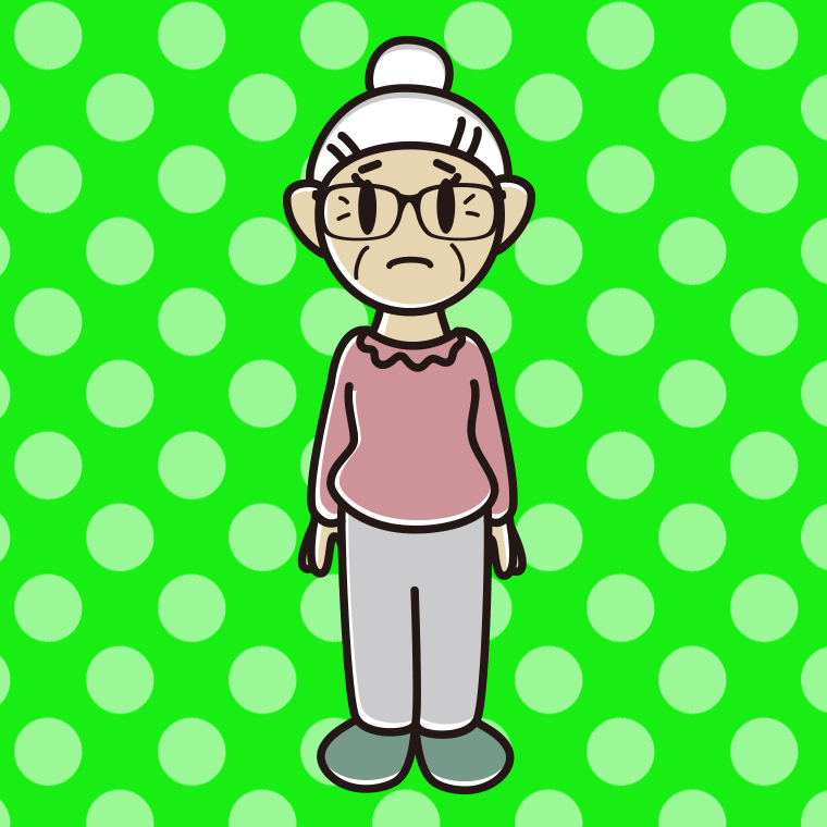 困る眼鏡のおばあさんのイラスト【色、背景あり】PNG