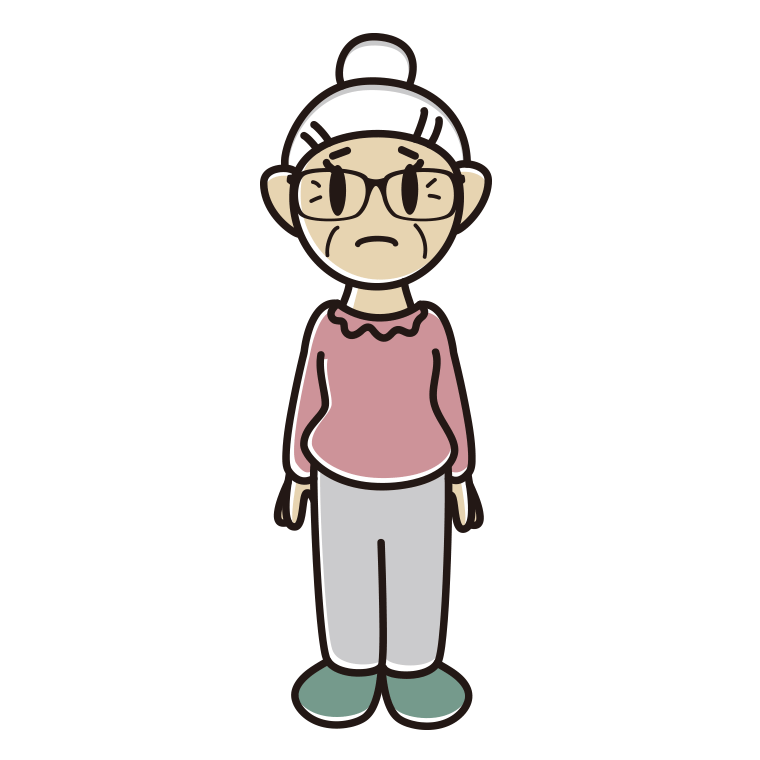 困る眼鏡のおばあさんのイラスト【色あり、背景なし】透過PNG