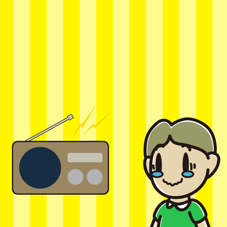 ラジオを聴いて感動する小学生男子のイラスト【色、背景あり】PNG