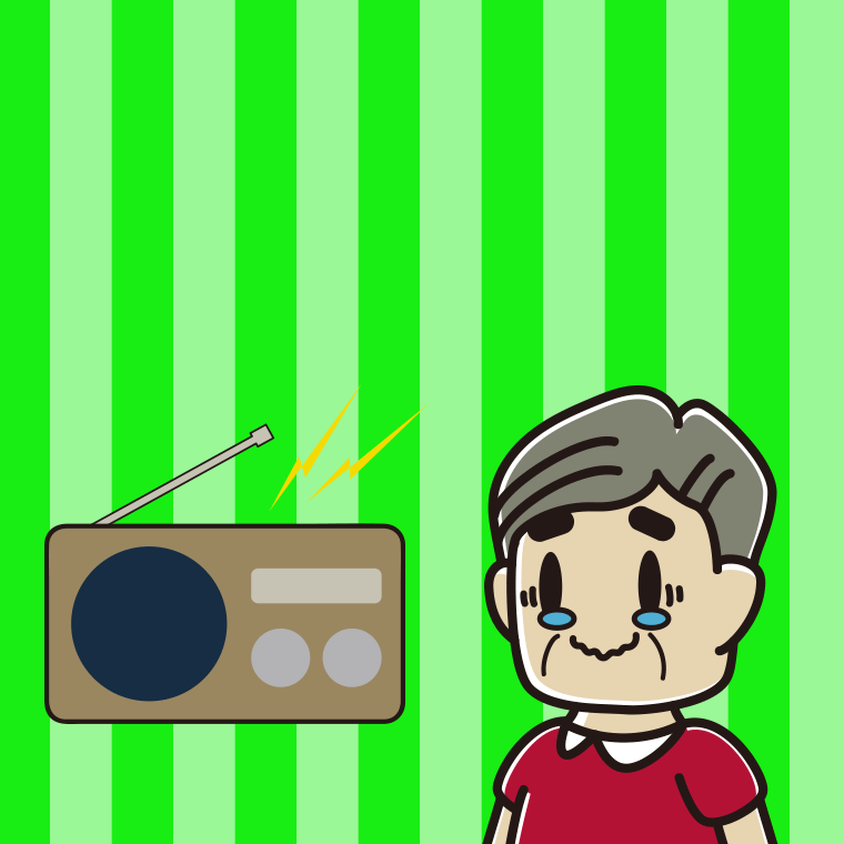 ラジオを聴いて感動するおじさんのイラスト【色、背景あり】PNG