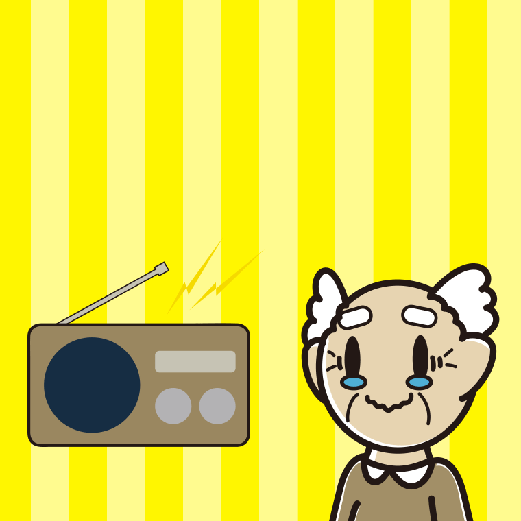 ラジオを聴いて感動するおじいさんのイラスト【色、背景あり】PNG