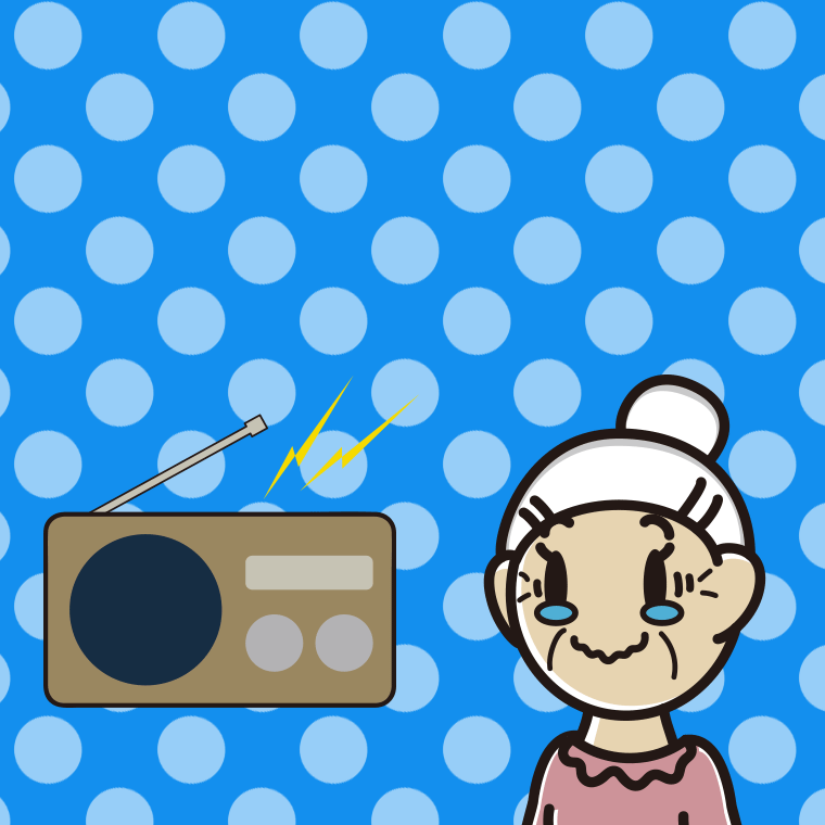 ラジオを聴いて感動するおばあさんのイラスト【色、背景あり】PNG