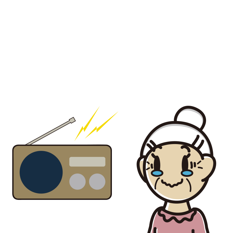 ラジオを聴いて感動するおばあさんのイラスト【色あり、背景なし】透過PNG