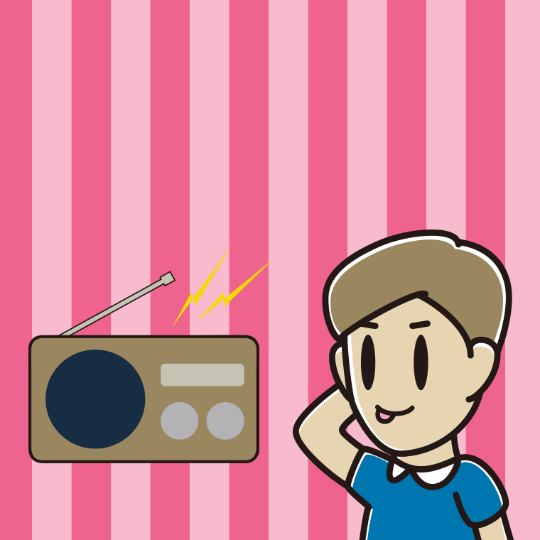 ラジオを聴いてテヘヘな男性のイラスト【色、背景あり】PNG