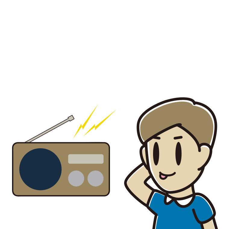 ラジオを聴いてテヘヘな男性のイラスト【色あり、背景なし】透過PNG