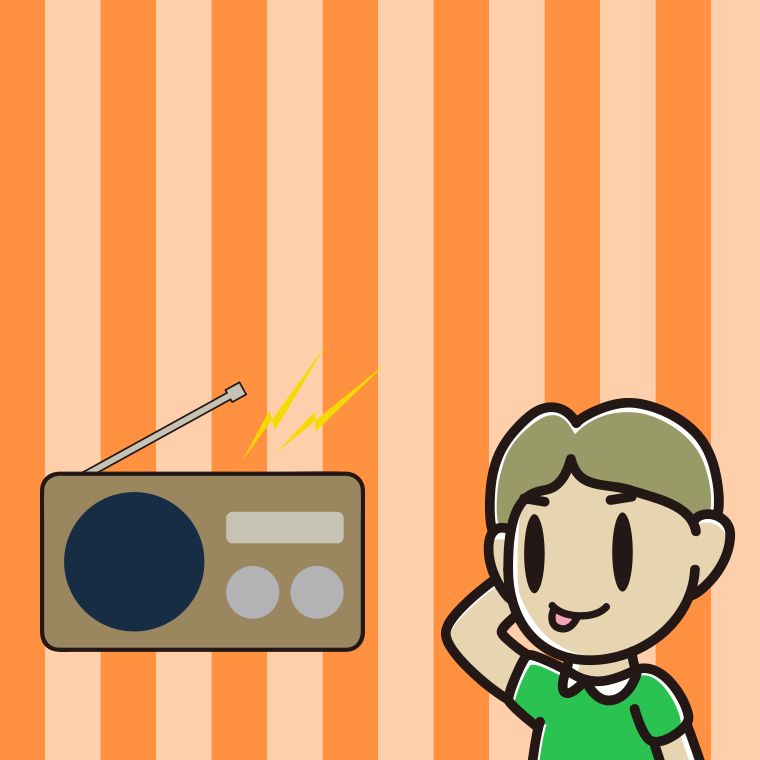 ラジオを聴いてテヘヘな小学生男子のイラスト【色、背景あり】PNG