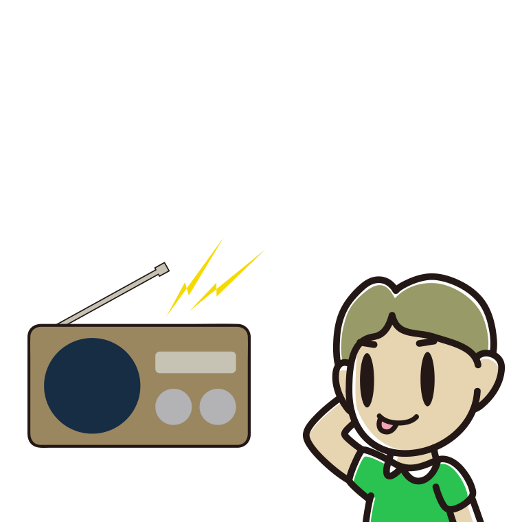 ラジオを聴いてテヘヘな小学生男子のイラスト【色あり、背景なし】透過PNG
