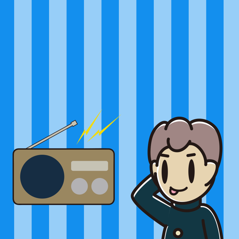 ラジオを聴いてテヘヘな男子中学生のイラスト【色、背景あり】PNG