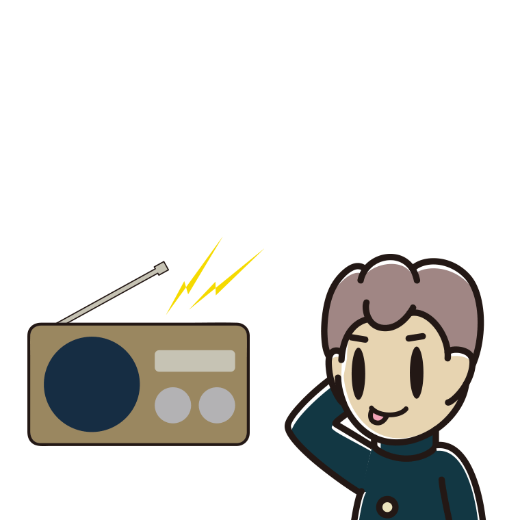 ラジオを聴いてテヘヘな男子中学生のイラスト【色あり、背景なし】透過PNG