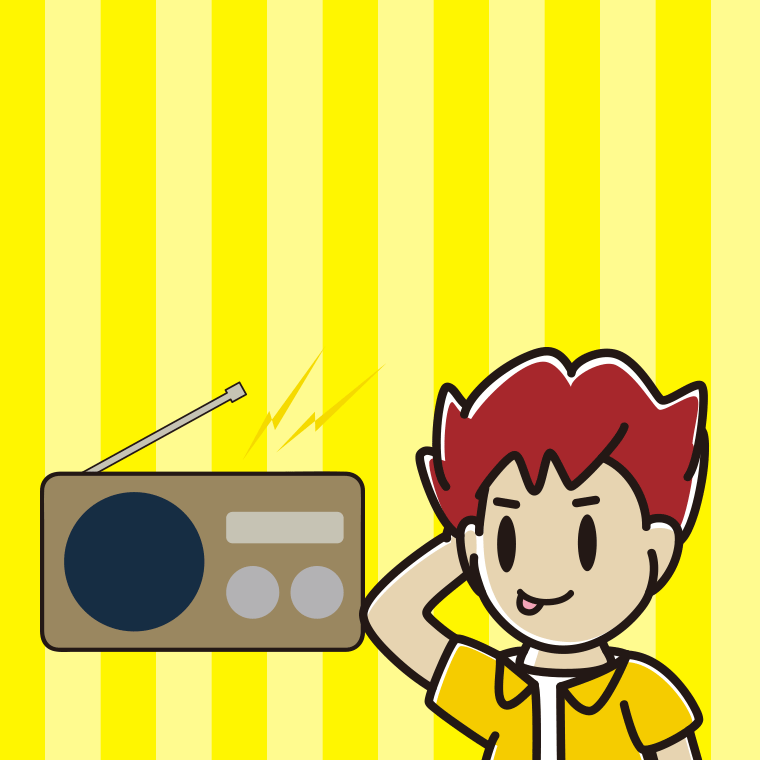 ラジオを聴いてテヘヘな男子大学生のイラスト【色、背景あり】PNG