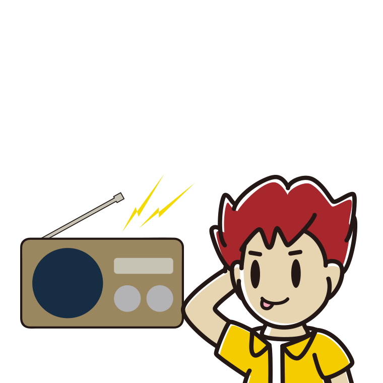 ラジオを聴いてテヘヘな男子大学生のイラスト【色あり、背景なし】透過PNG