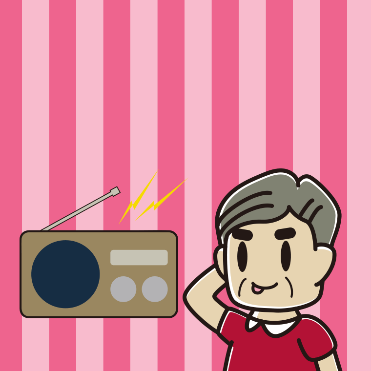 ラジオを聴いてテヘヘなおじさんのイラスト【色、背景あり】PNG