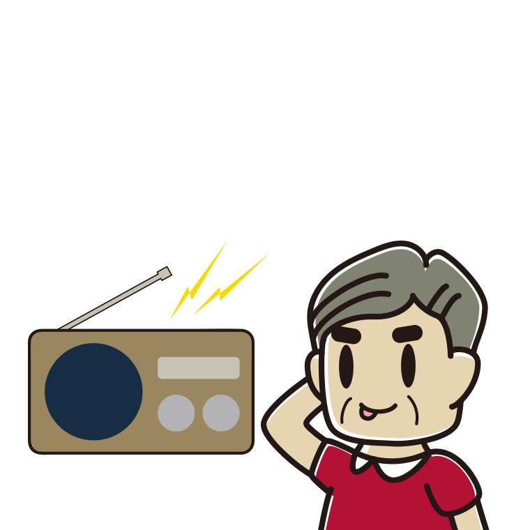 ラジオを聴いてテヘヘなおじさんのイラスト【色あり、背景なし】透過PNG