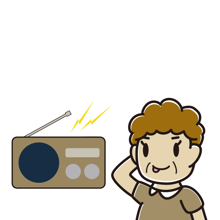 ラジオを聴いてテヘヘなおばさんのイラスト【色あり、背景なし】透過PNG